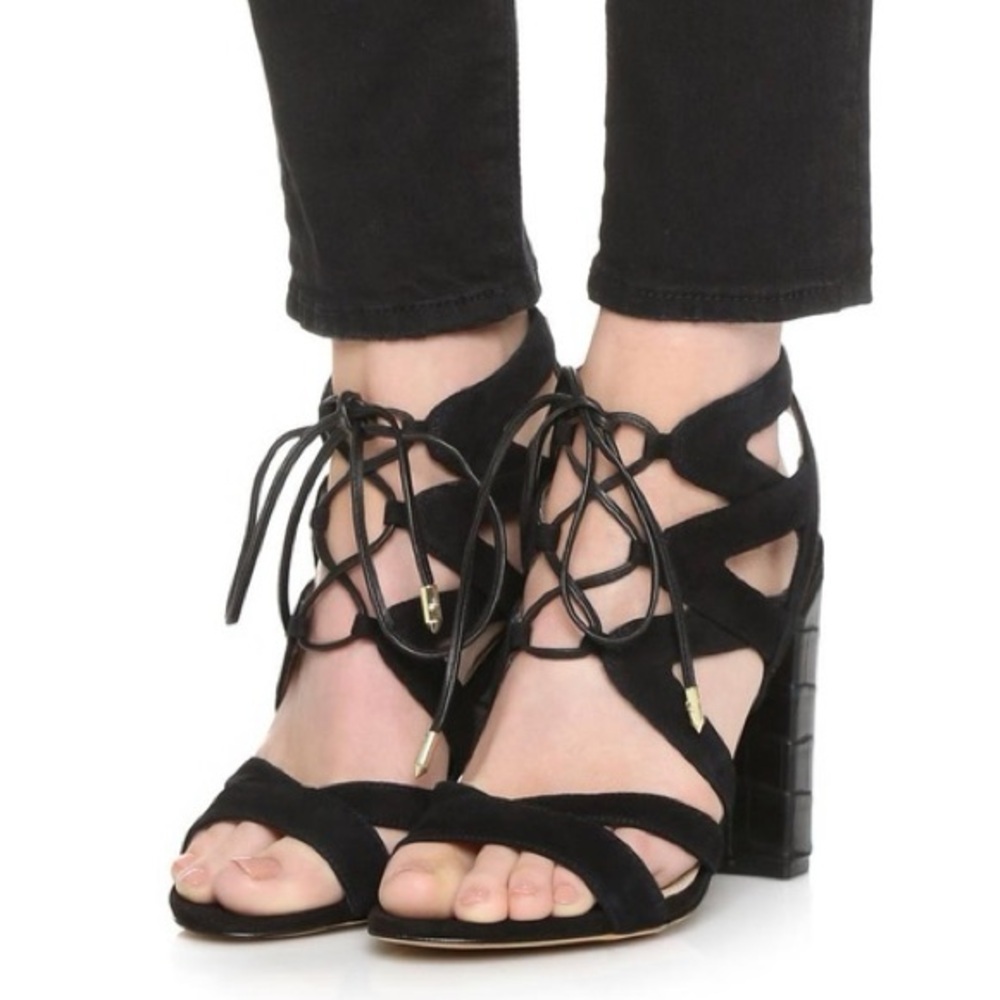 Sam Edelman Yardley Strappy Lace Up Block Heel Black Suede size 9